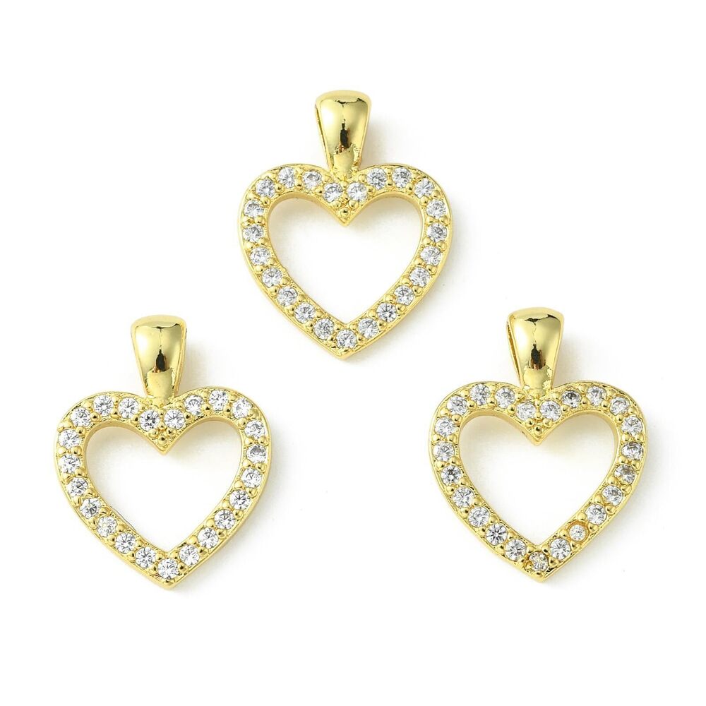 9923 10pcs Brass Heart Shaped Charms Cubic Zirconia Gold Plated CZ Dangle